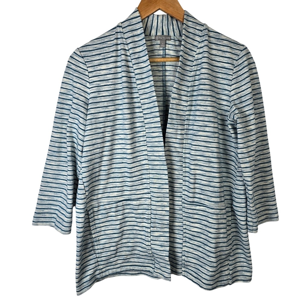T by Talbots Women's Small‎ Ribbed Striped Knit Open Front Cardigan Blue White